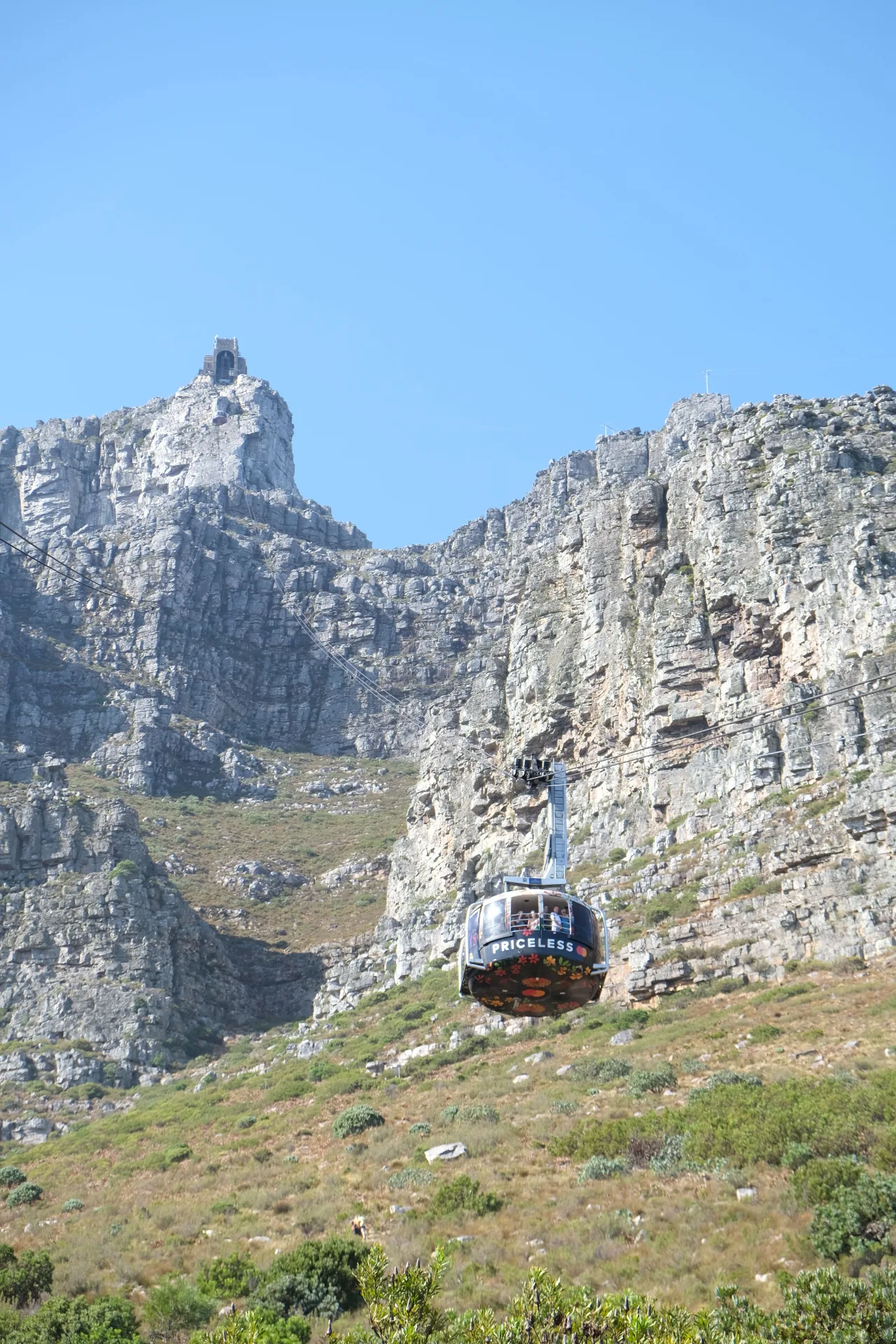 View of the Cable Car moving up Table Mountain in Cape Town